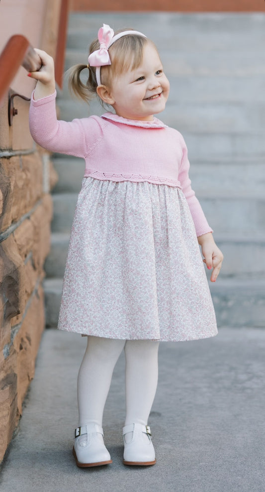 Floral Long Sleeve Dress with Pink Knit