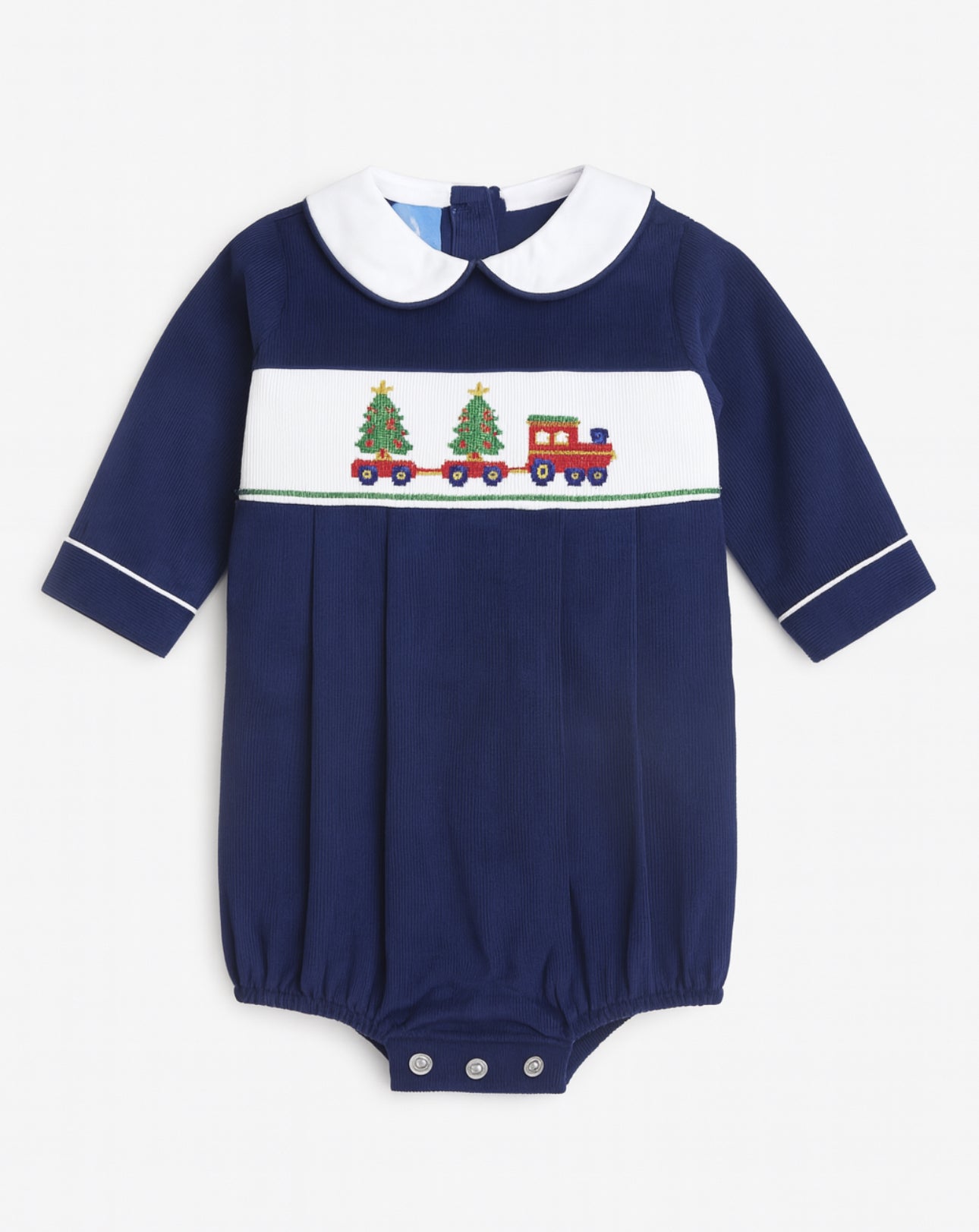 Christmas Tree Train Navy Blue Corduroy Short Bubble