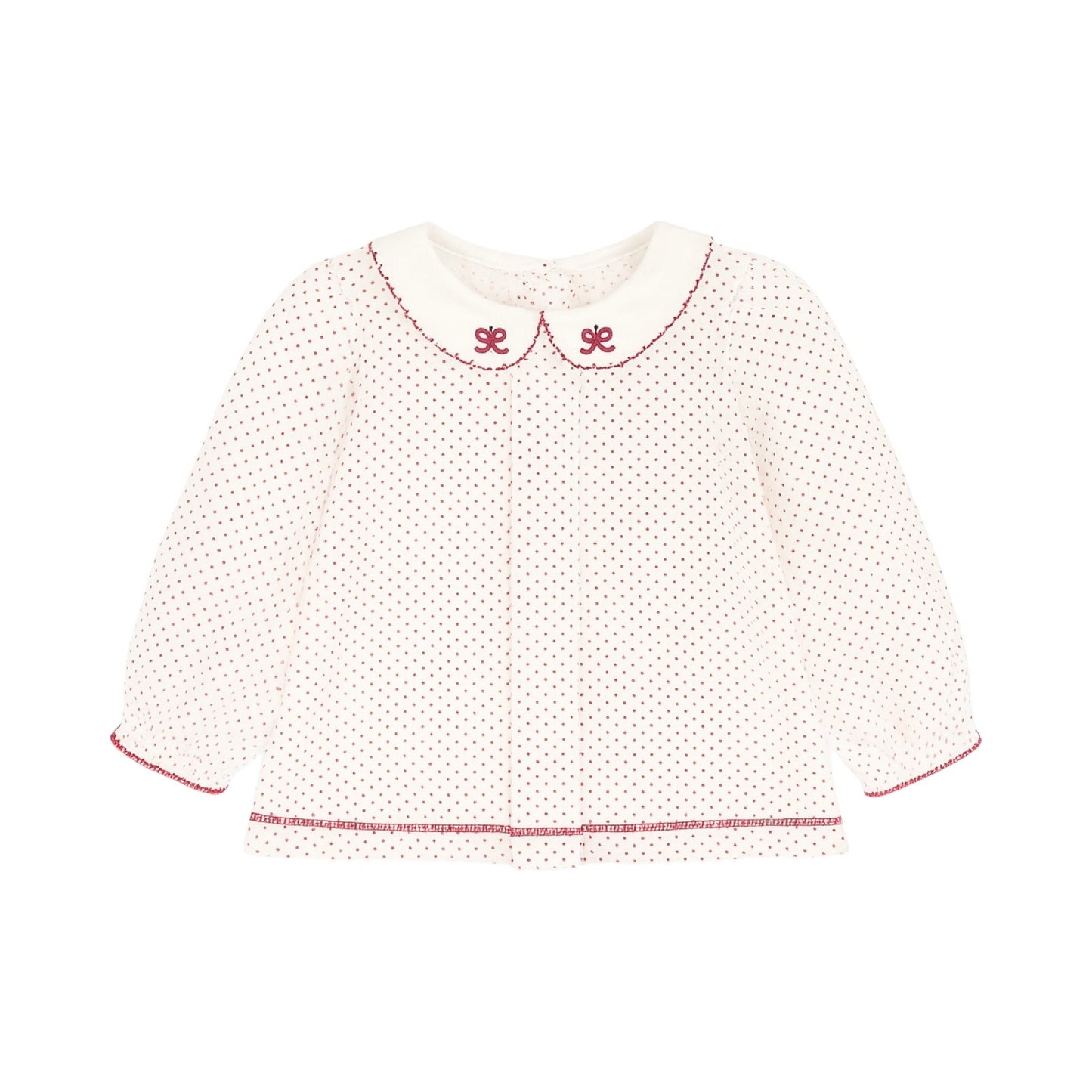 Long Sleeve Pleated Polka Dot Top, Holiday Bow