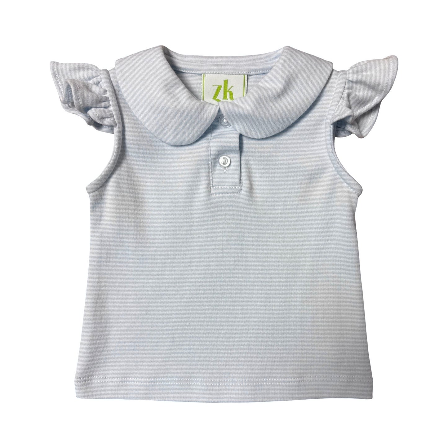 Sophie Polo Blouse, Light Blue Bitty Stripe Knit