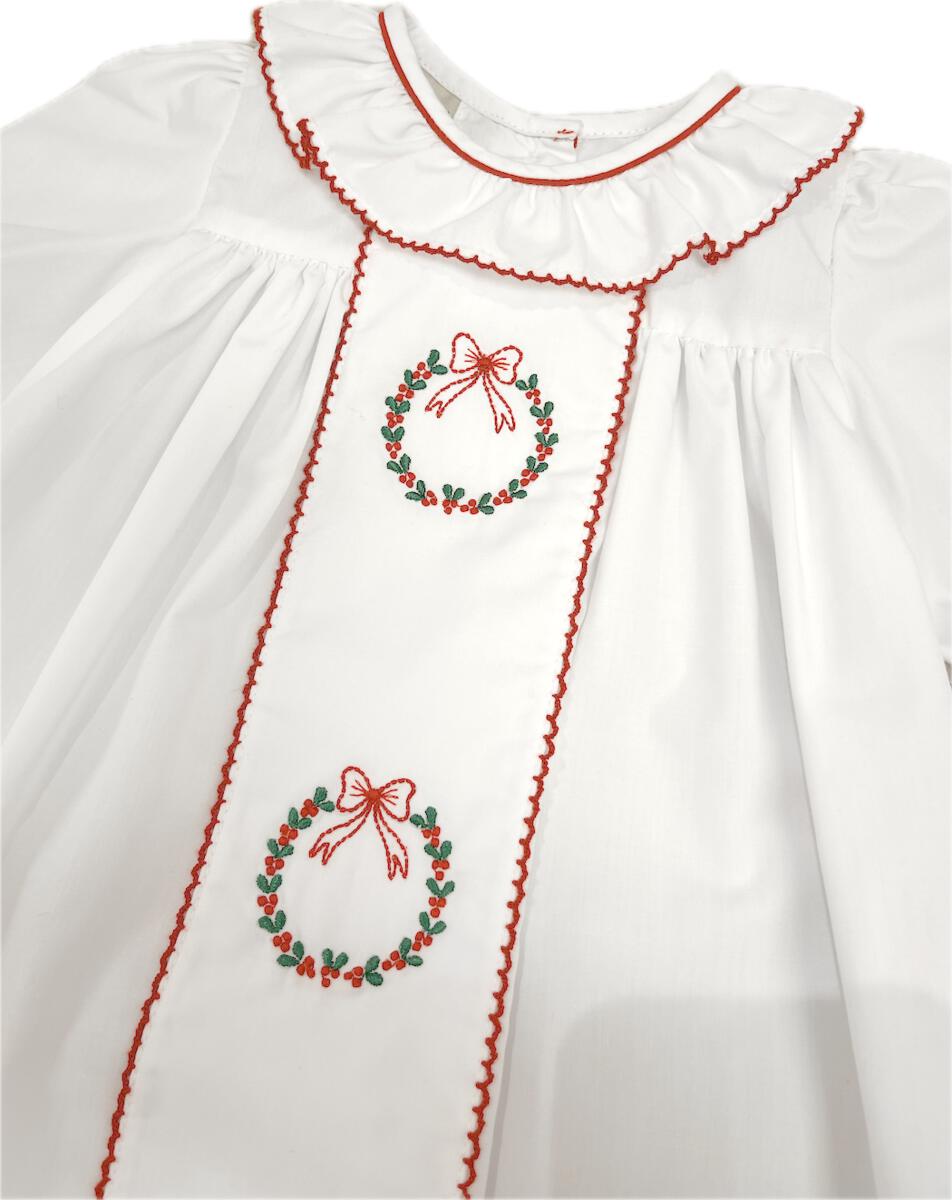 White Christmas Wreath Embroidered Baby Day Gown