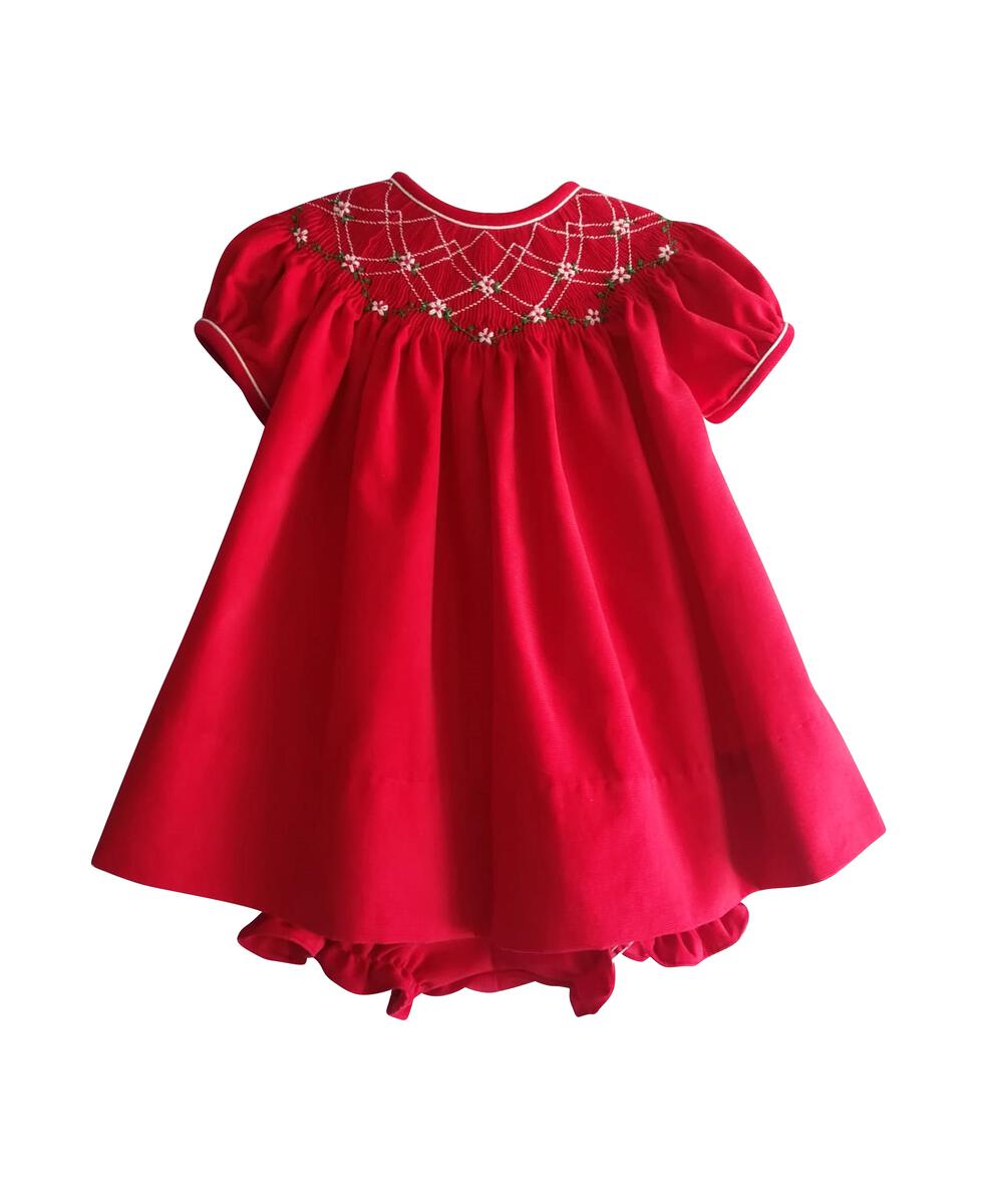 Red Corduroy Christmas Bishop Smocked Dress Set
