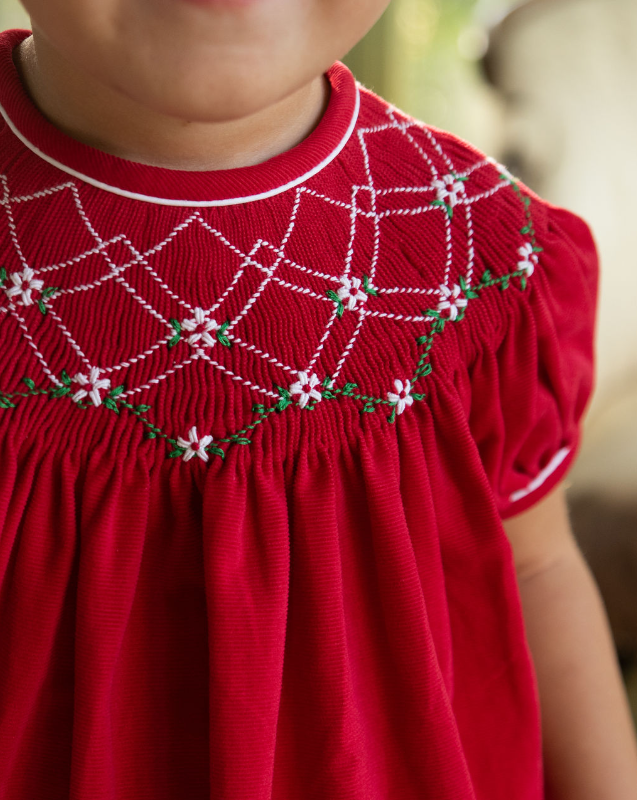 Red Corduroy Christmas Bishop Smocked Dress Set