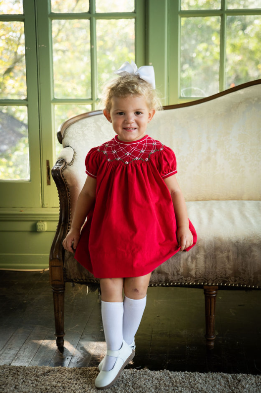 Red Corduroy Christmas Bishop Smocked Dress Set