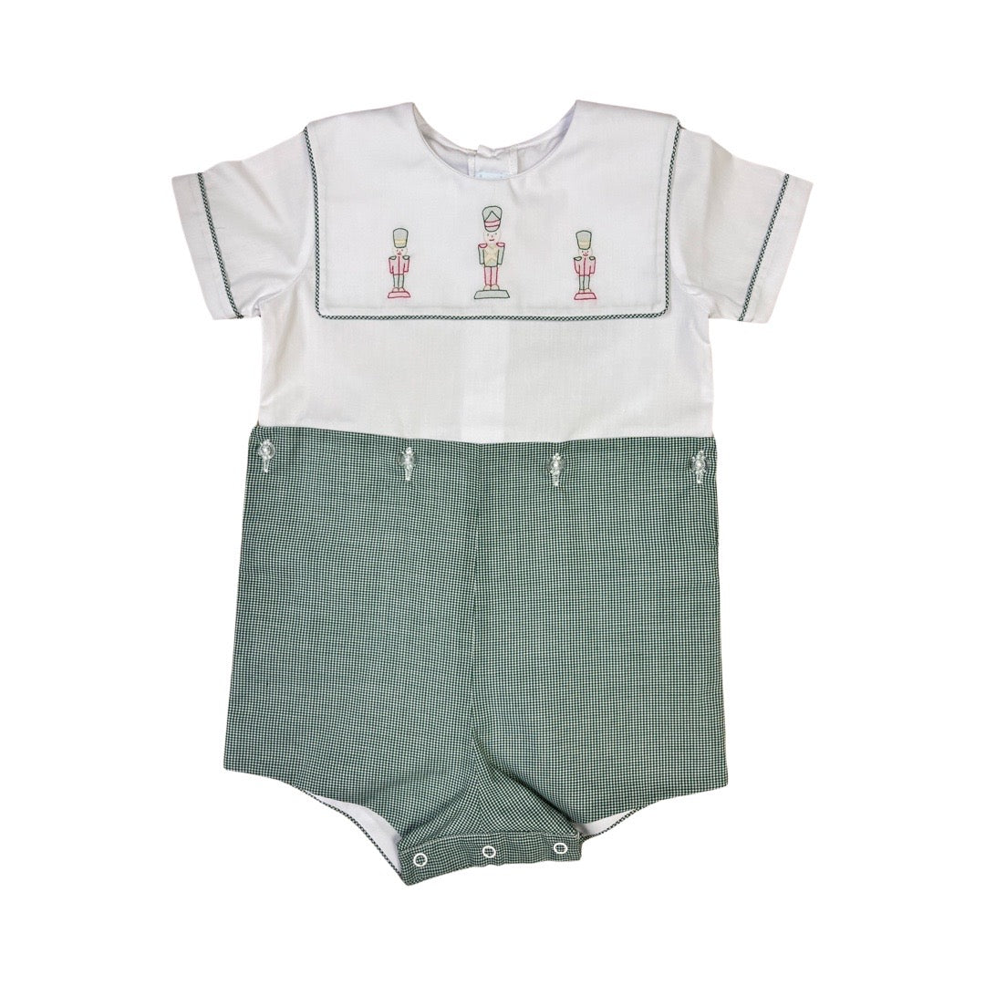 Classic White with Green Square Collar Boy Button On with Toy Soldier Embroidery