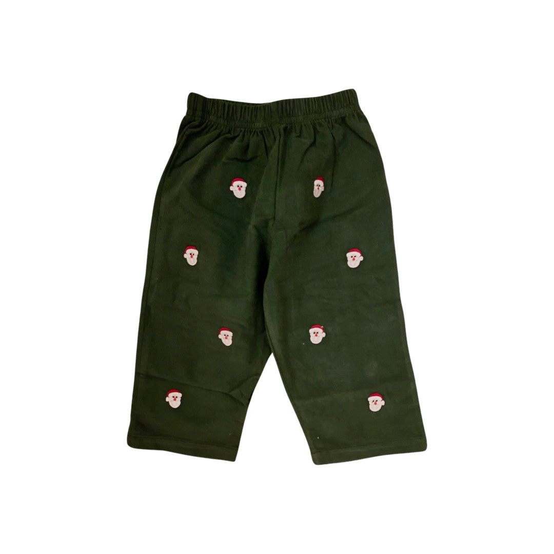 Boy's Santa Embroidered Hunter Green Corduroy Pants