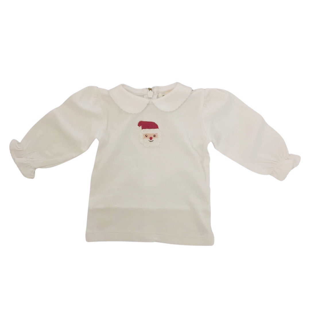 Girl's Long Sleeve Collared Shirt with Crochet Santa