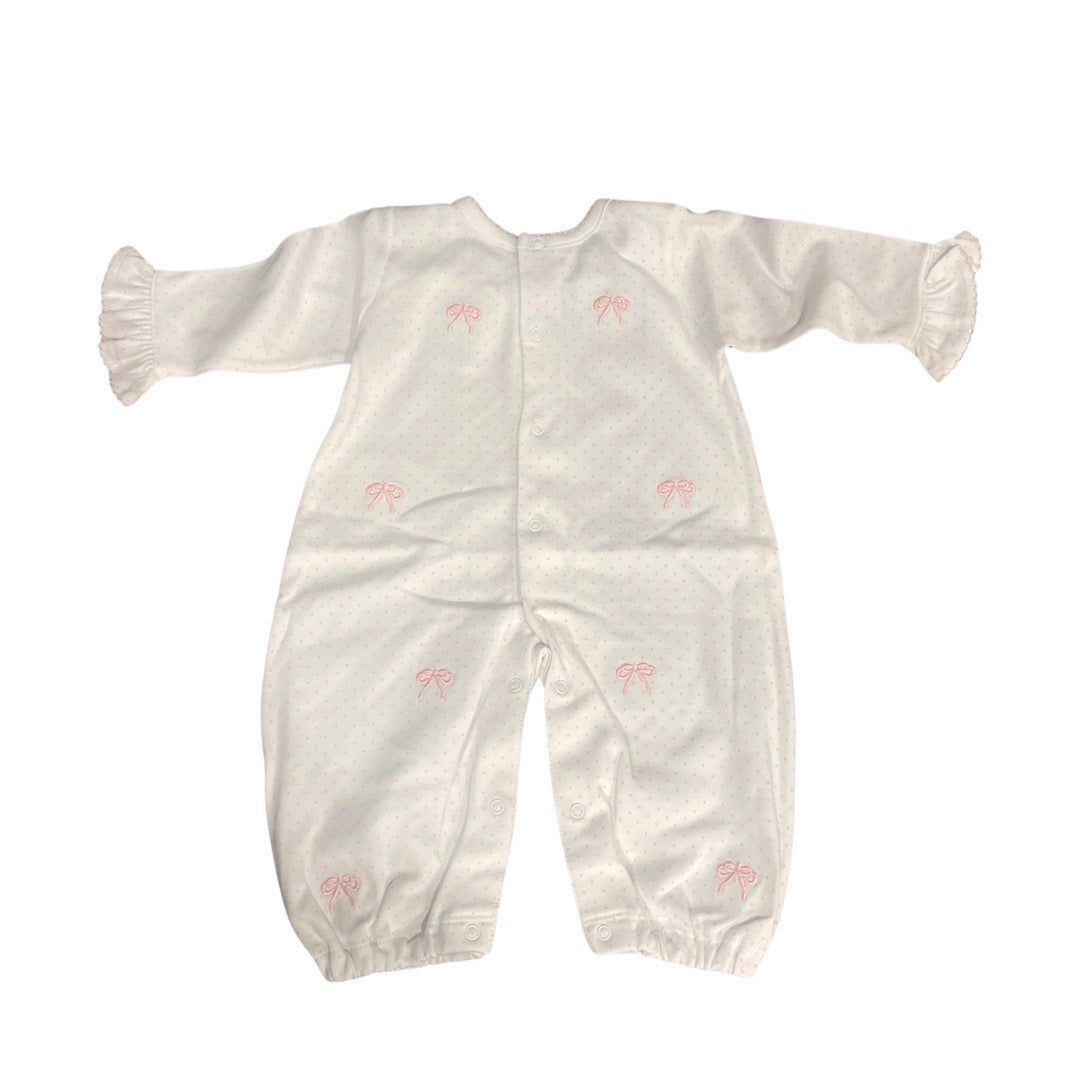 Long Sleeve White & Pink Polka Dot Romper with Embroidered Pink Bows