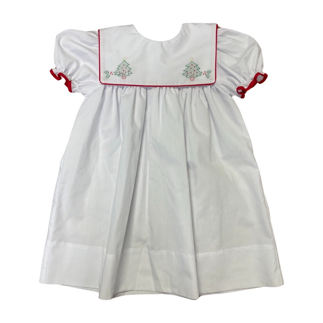 Short Sleeve Dress, Square Bib with Embroidered Trees