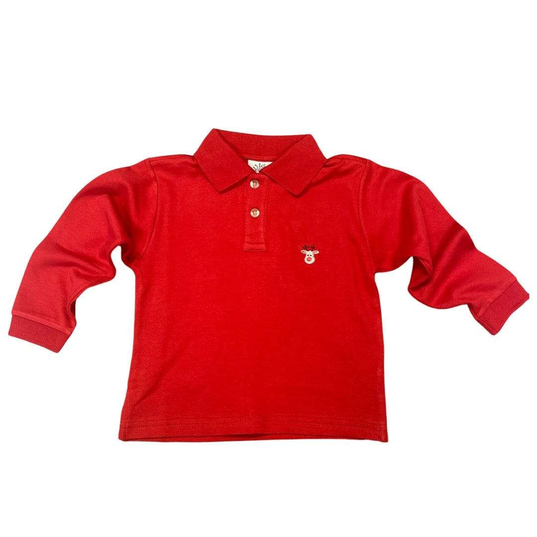 Long Sleeve Polo Shirt, Red with Embroidered Reindeer
