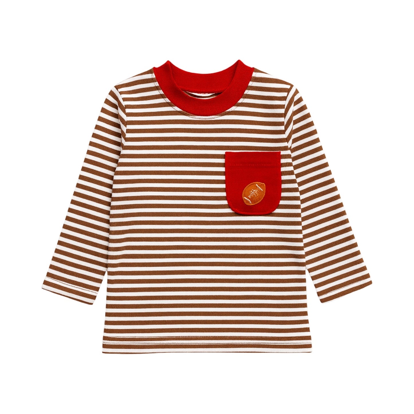 Boy's L/S Mocha Stripe Shirt with Football on Red Pocket