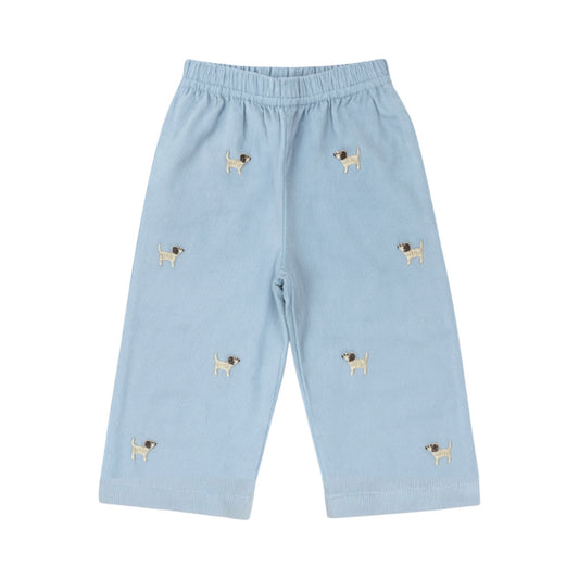Boy's Puppy Embroidered Sky Blue Corduroy Pants