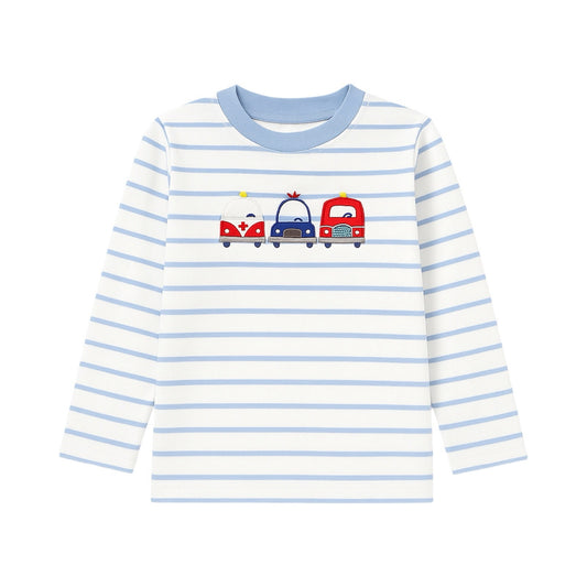 Long Sleeve Applique Striped T-Shirt, Emergency Vehicles