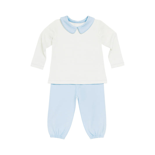 Boy's Long Sleeve Collared Blue Mini Stripe Pant Set