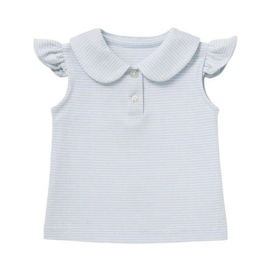 Sophie Polo Blouse, Light Blue Bitty Stripe Knit