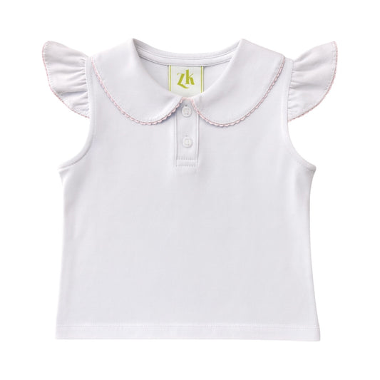 Sophie Polo Blouse, White Knit w/ Pink Trim