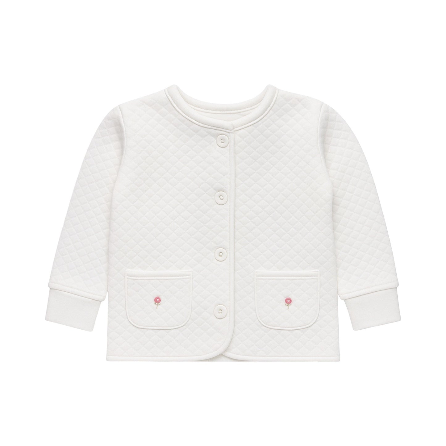 Girl's Quilted Button Up Jacket with Rosebuds on Pocket