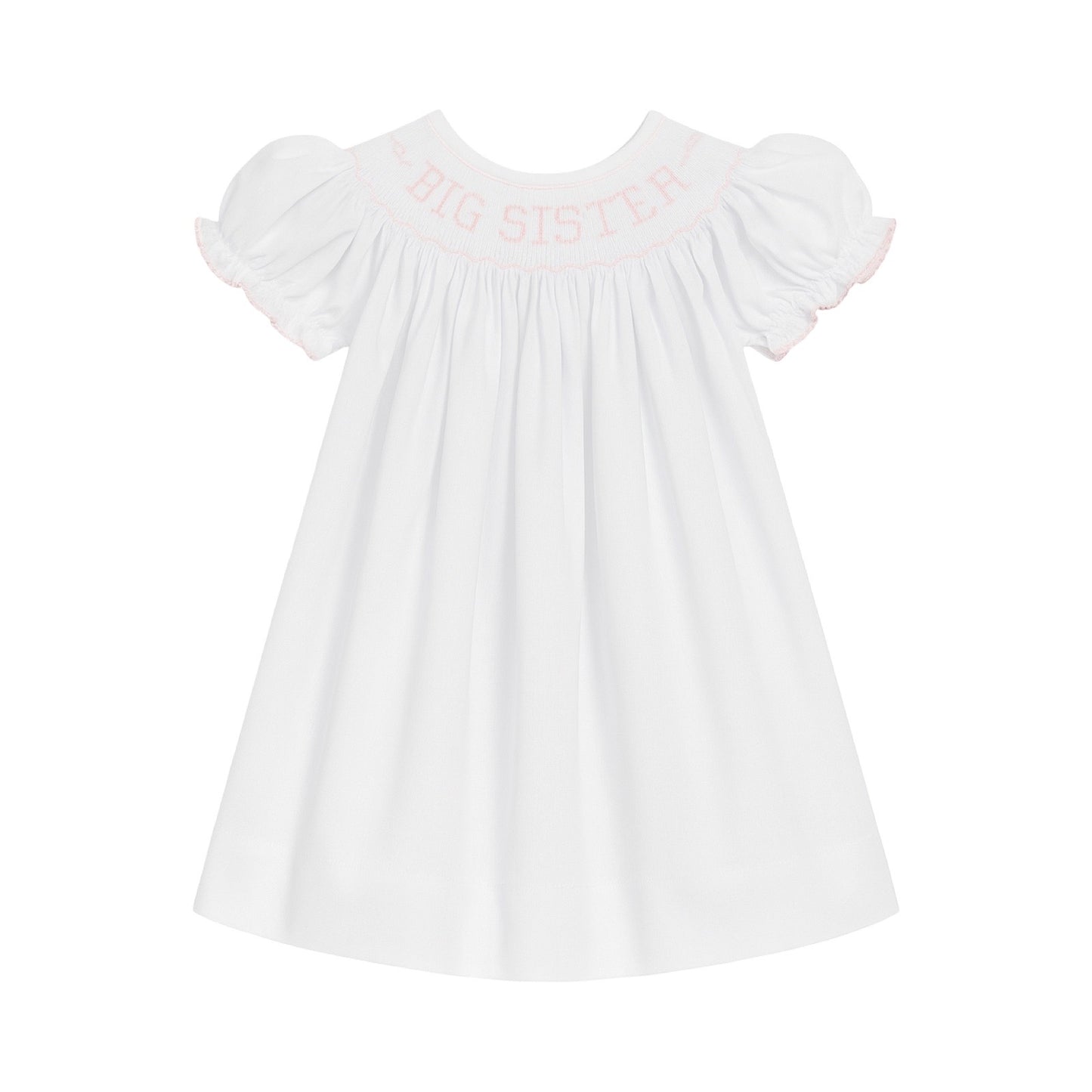 Girl's White Bishop Smocked Dress, Pink Big Sister