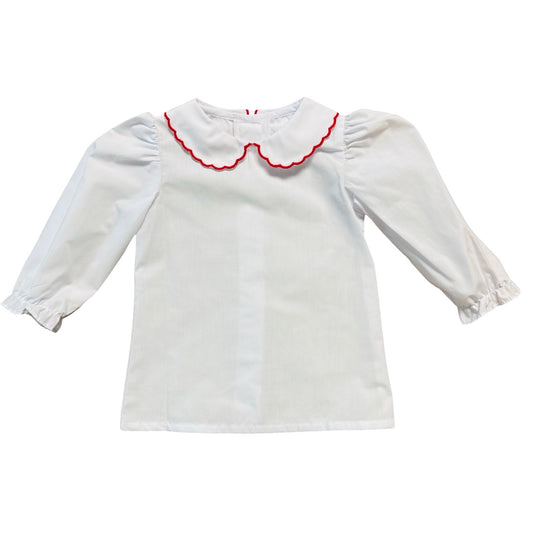 Kendall Red Scallop Trim Collar Long Sleeve White Broadcloth Blouse
