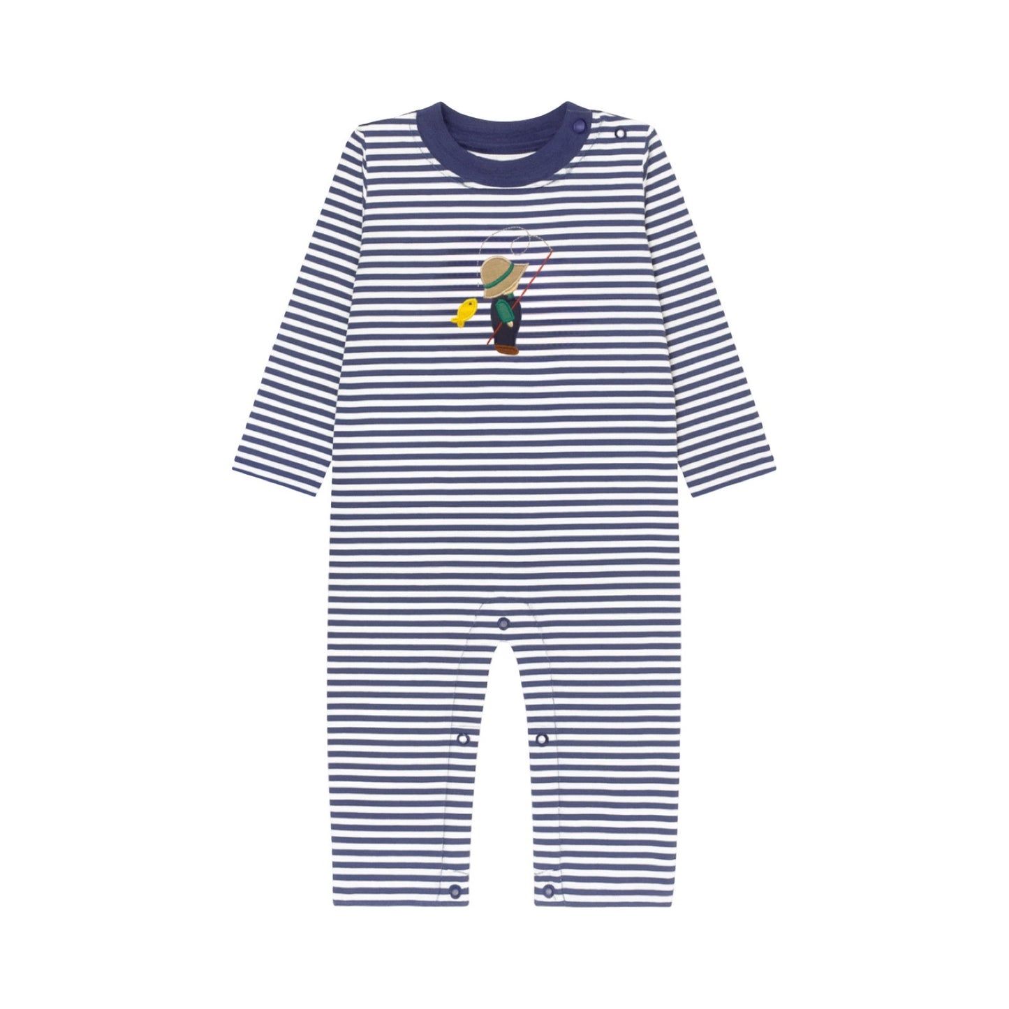 Long Sleeve Applique Striped Romper, Boy Fishing
