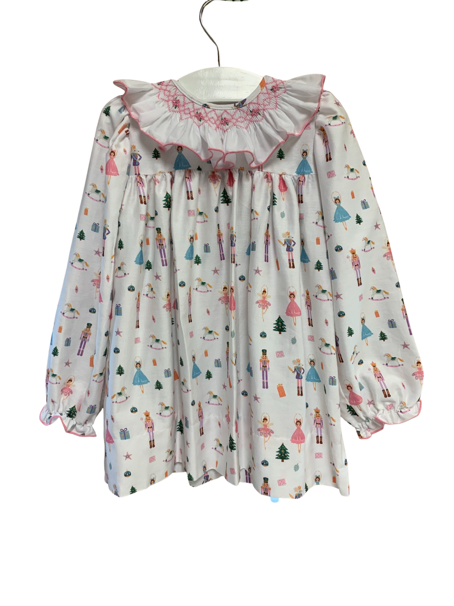 Girl's Long-Sleeve Smocked Nutcracker Print Dress
