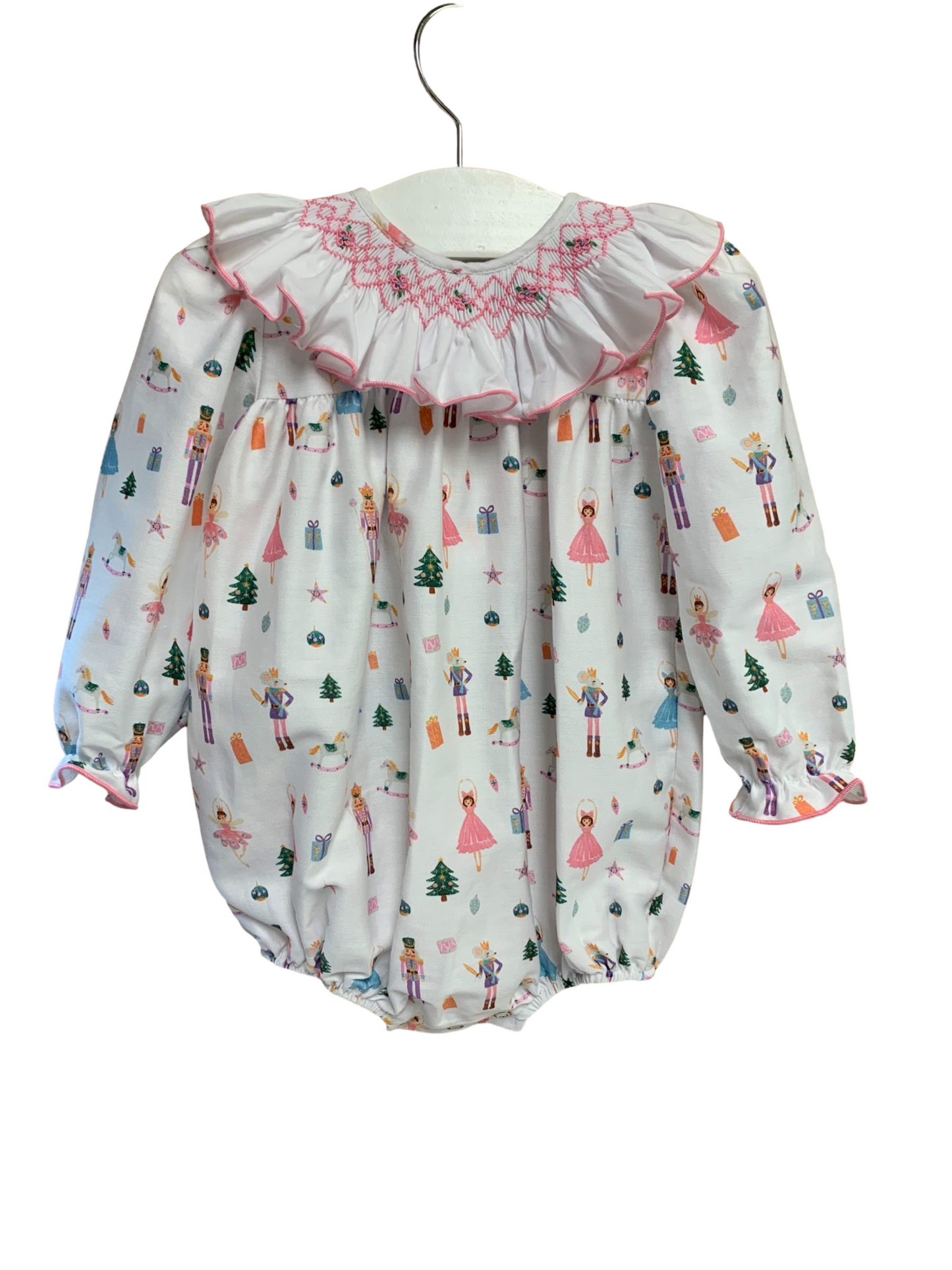 Girl's Long-Sleeve Smocked Nutcracker Print Bubble