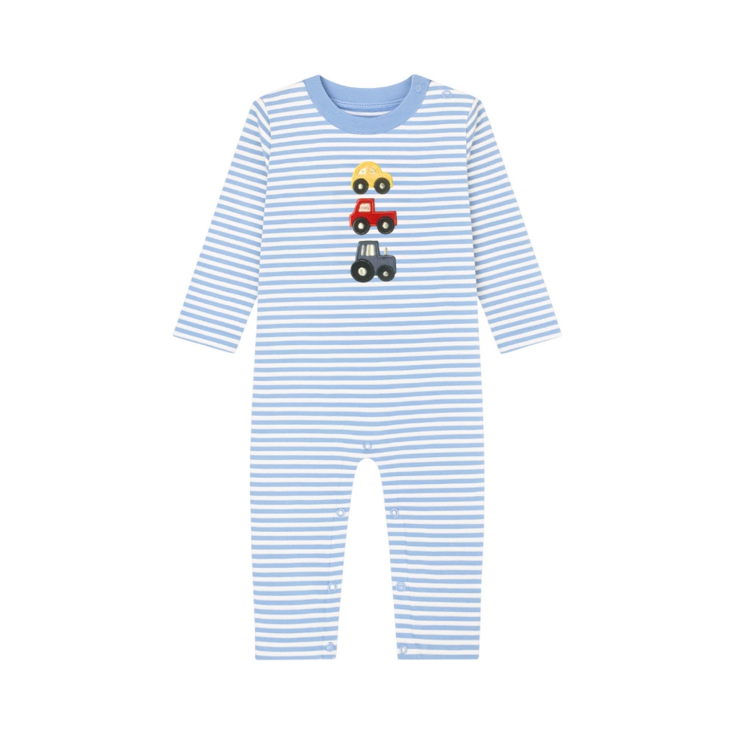 Long Sleeve Applique Striped Romper, Stacked Vehicles
