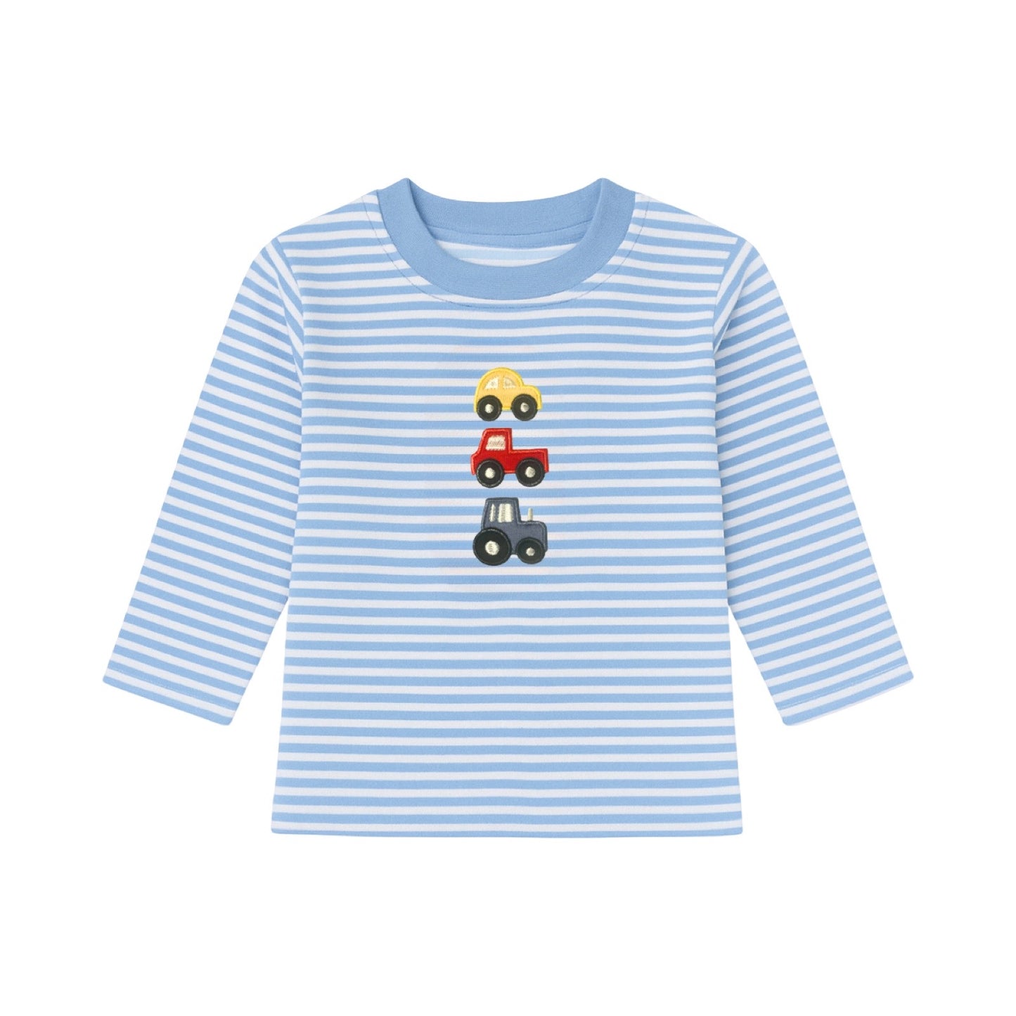 Long Sleeve Applique Striped T-Shirt, Stacked Vehicles