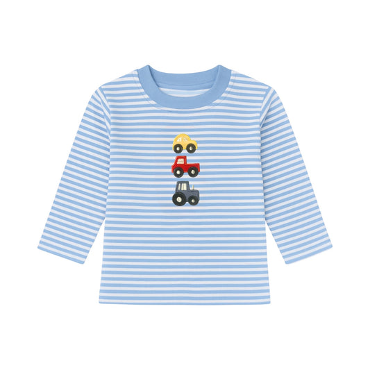 Long Sleeve Applique Striped T-Shirt, Stacked Vehicles