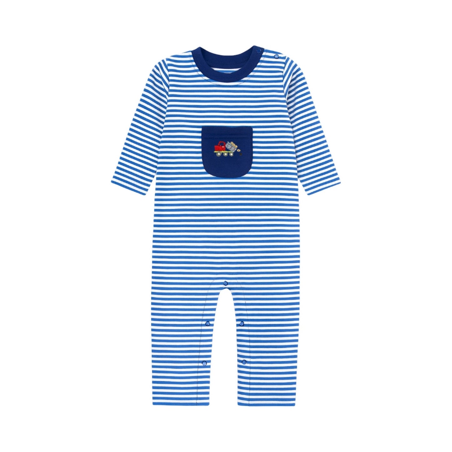 Long Sleeve Striped Pocket Romper, Dumptruck