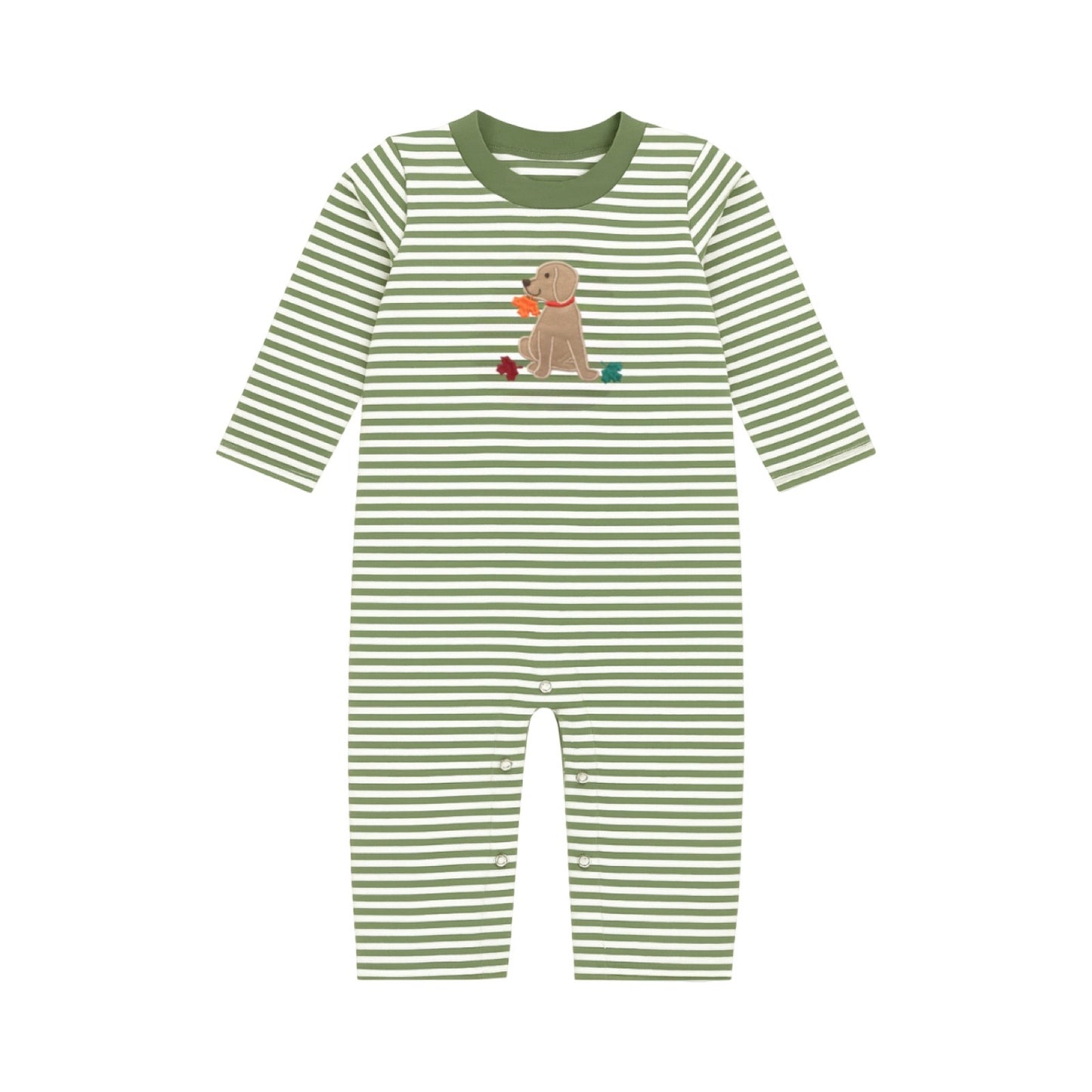 Long Sleeve Applique Striped Romper, Dog & Leaves