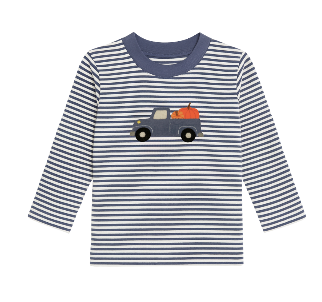 Long Sleeve Applique Striped T-Shirt, Pumpkin Truck