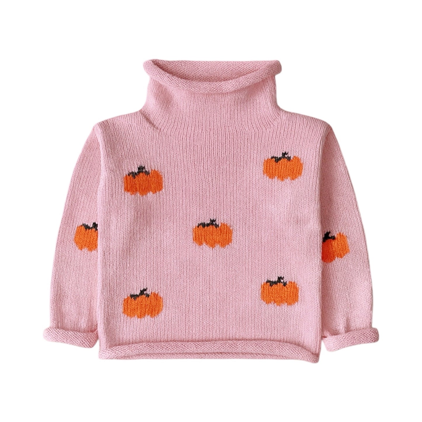 Girl's Pink All Over Pumpkins Rollneck Sweater