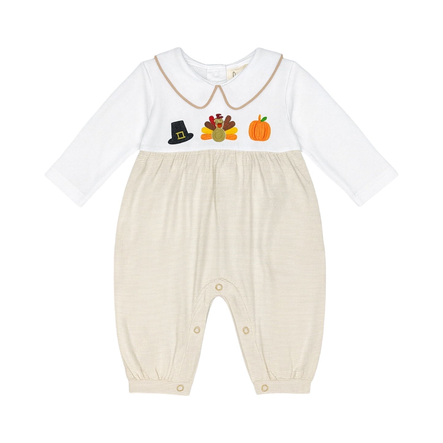 Long Sleeve Embroidered Striped Romper, Thanksgiving