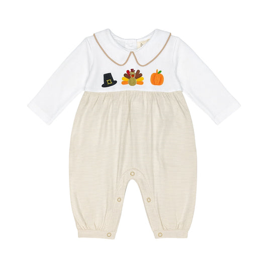 Long Sleeve Embroidered Striped Romper, Thanksgiving