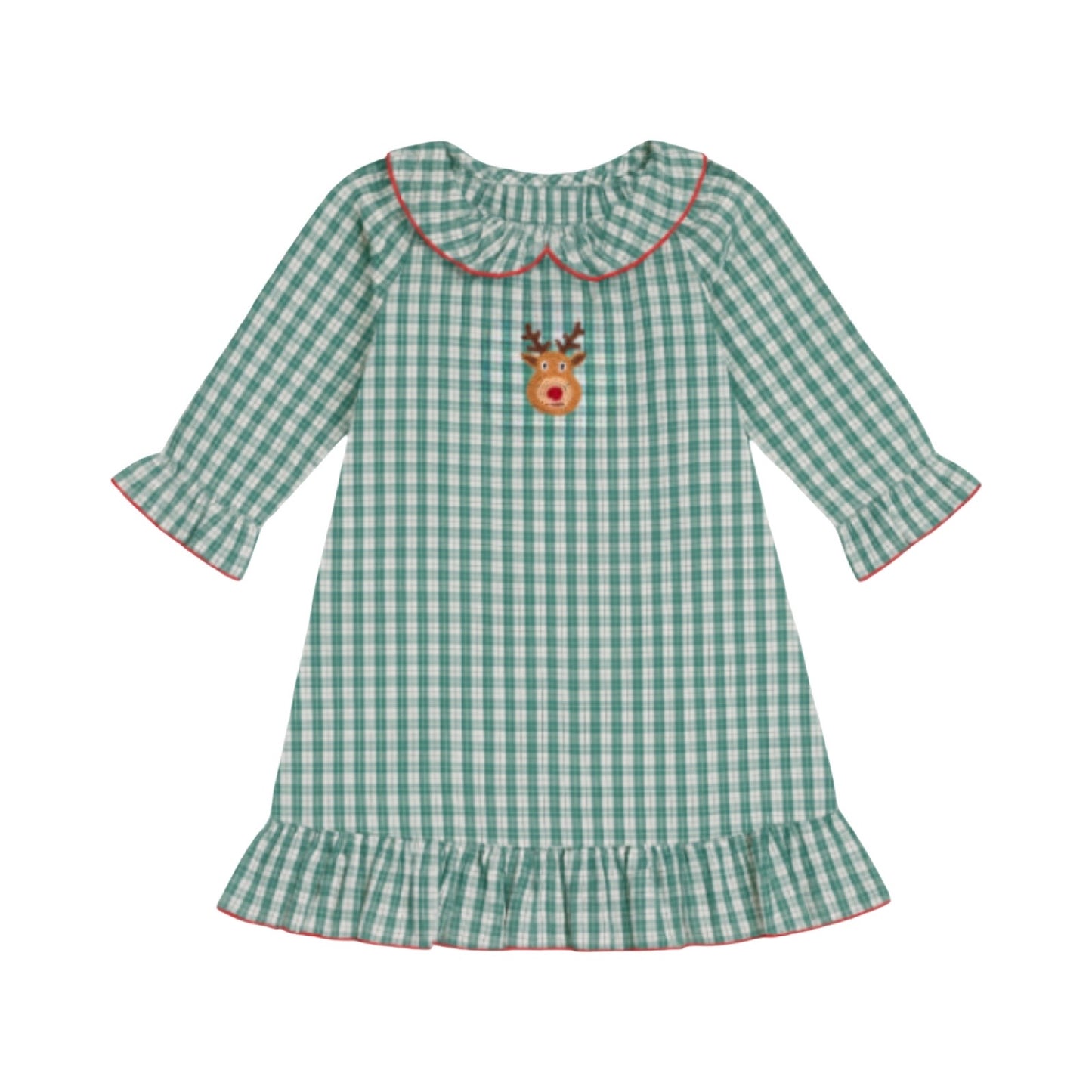 Girl's Reindeer Green Plaid Nightgown