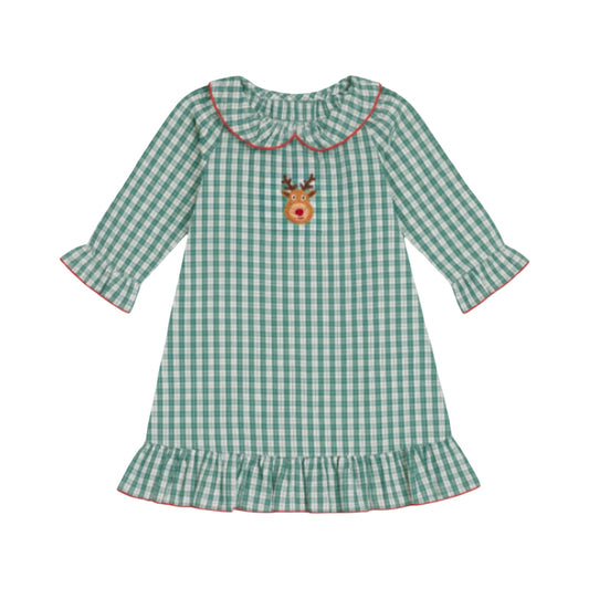 Girl's Reindeer Green Plaid Nightgown