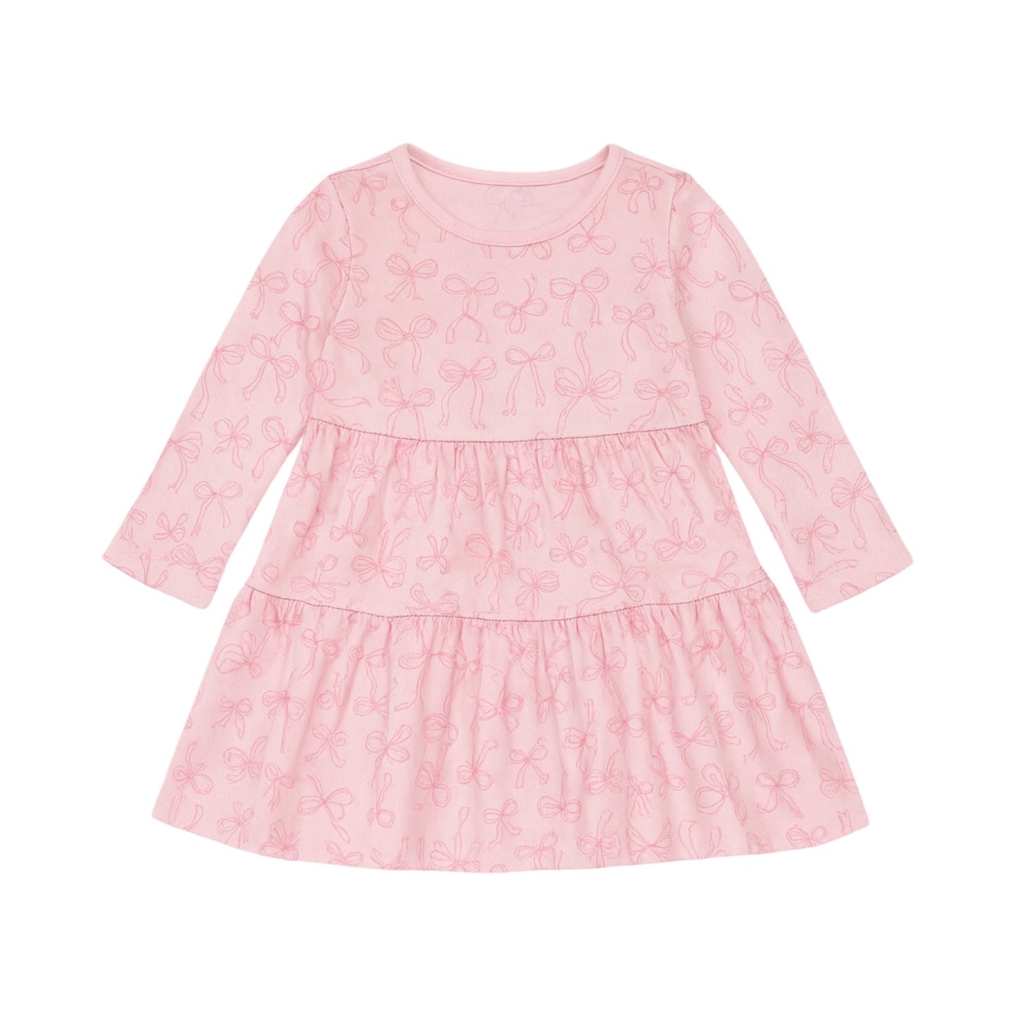 Long Sleeve Printed Tiered Dress, New Pink Bows