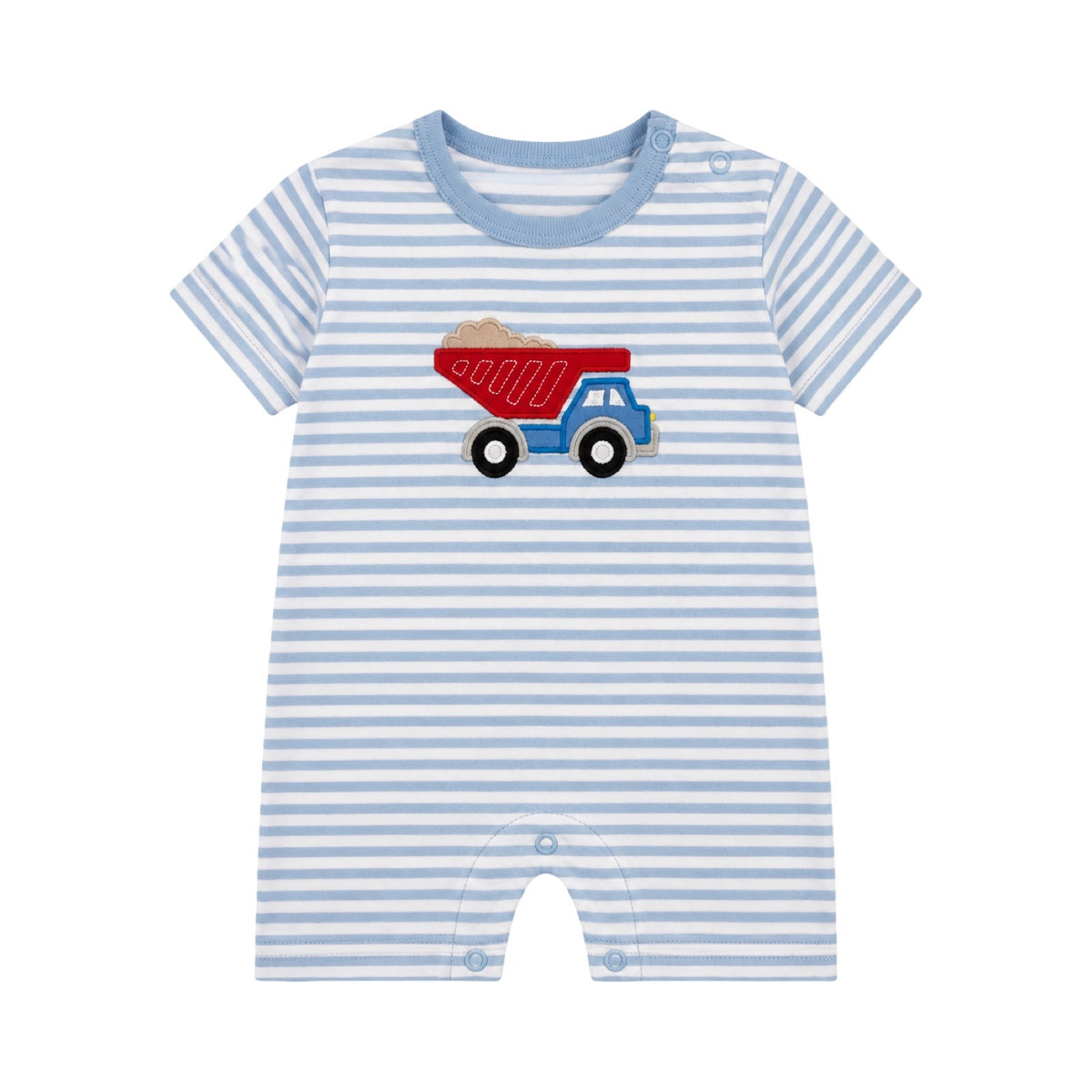 Striped Applique Romper, Dumptruck