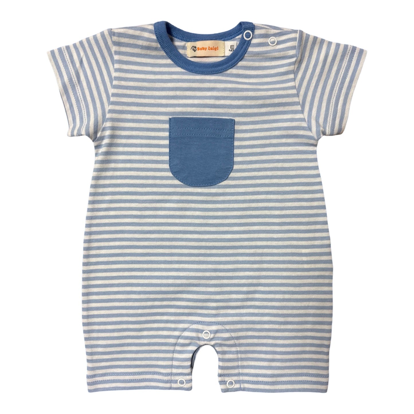Boy Short Sleeve Pocket Romper, Blue Stripe