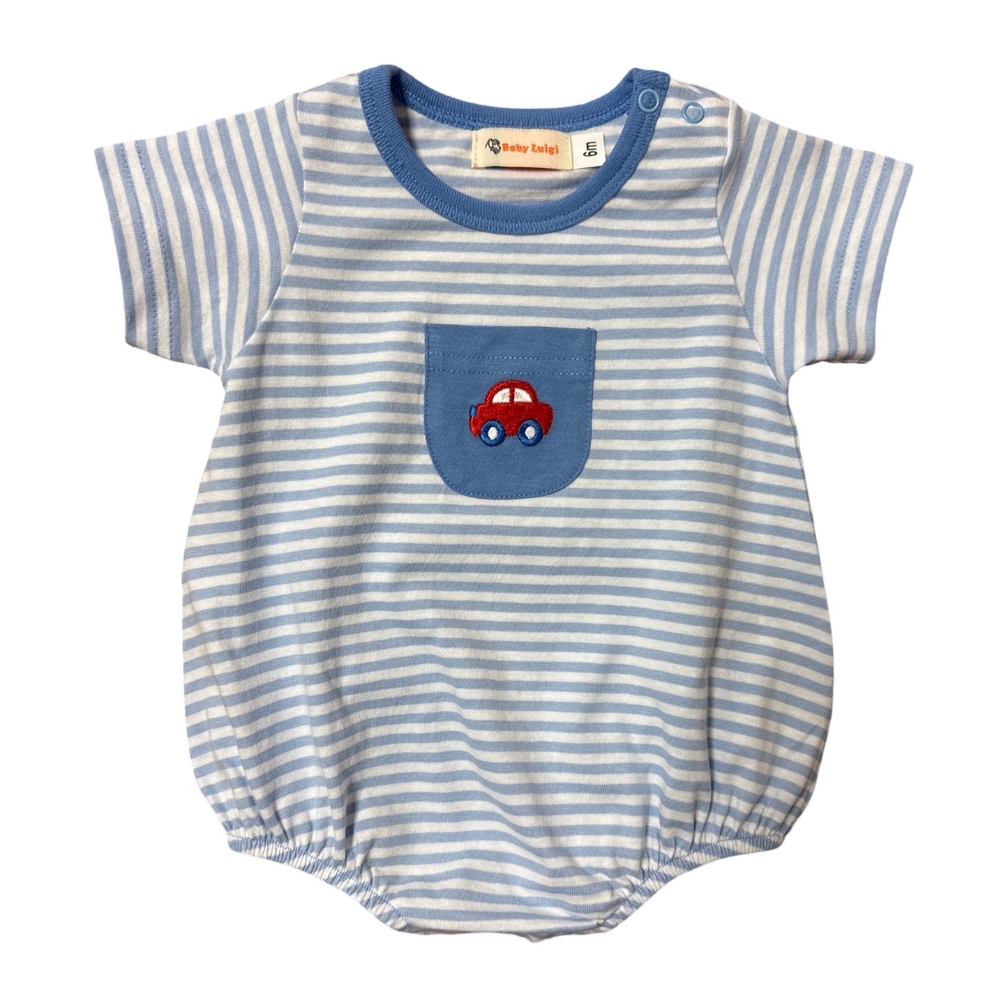 Boy Short Sleeve Pocket Bubble, Blue Stripe with Red Car on Pocket