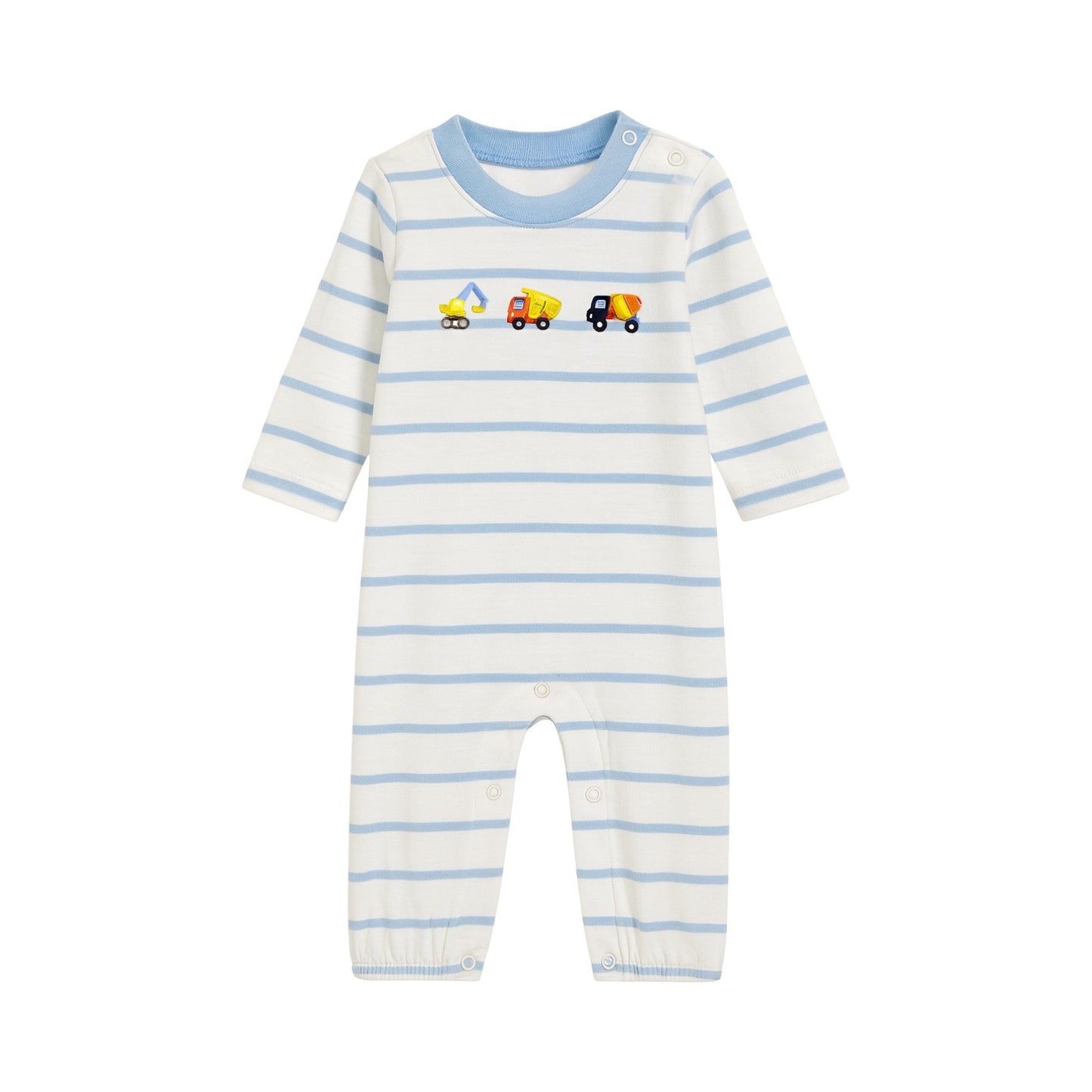 Long Sleeve Striped Embroidered Romper, Construction Trucks