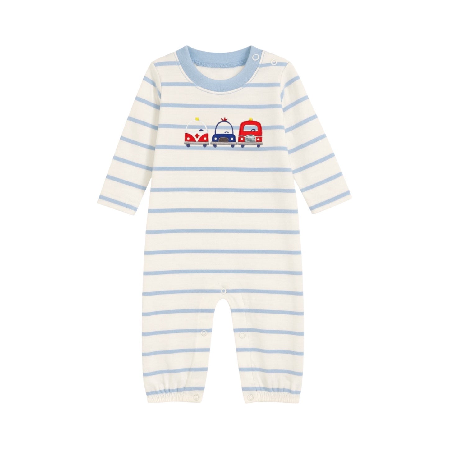 Long Sleeve Applique Striped Romper, Emergency Vehicles
