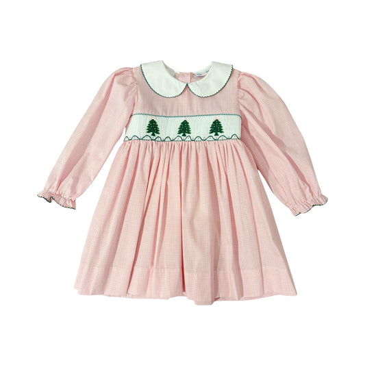 Long Sleeve Rose Smocked Dress, Christmas Trees