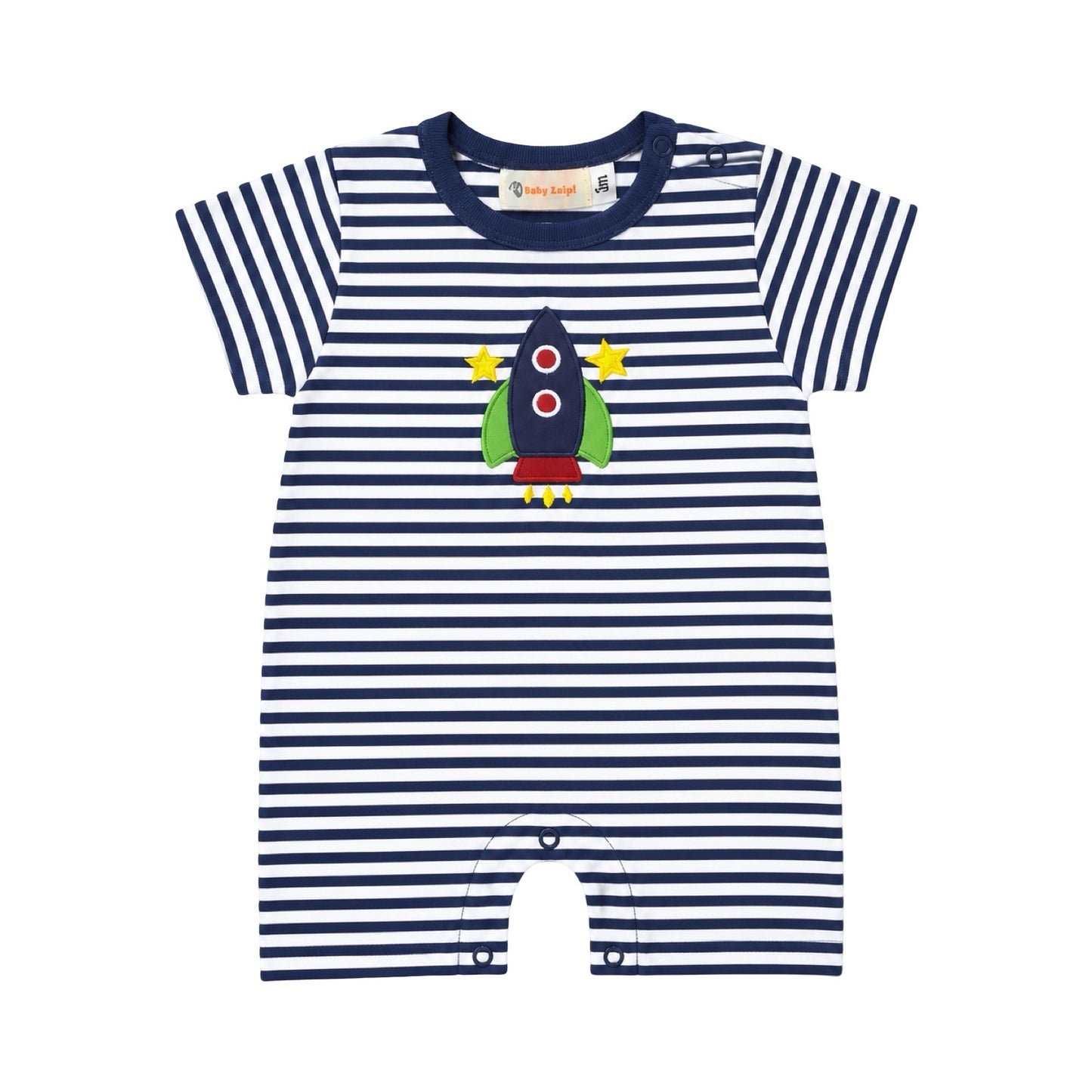 Short Sleeve Striped Applique Romper, Rocket