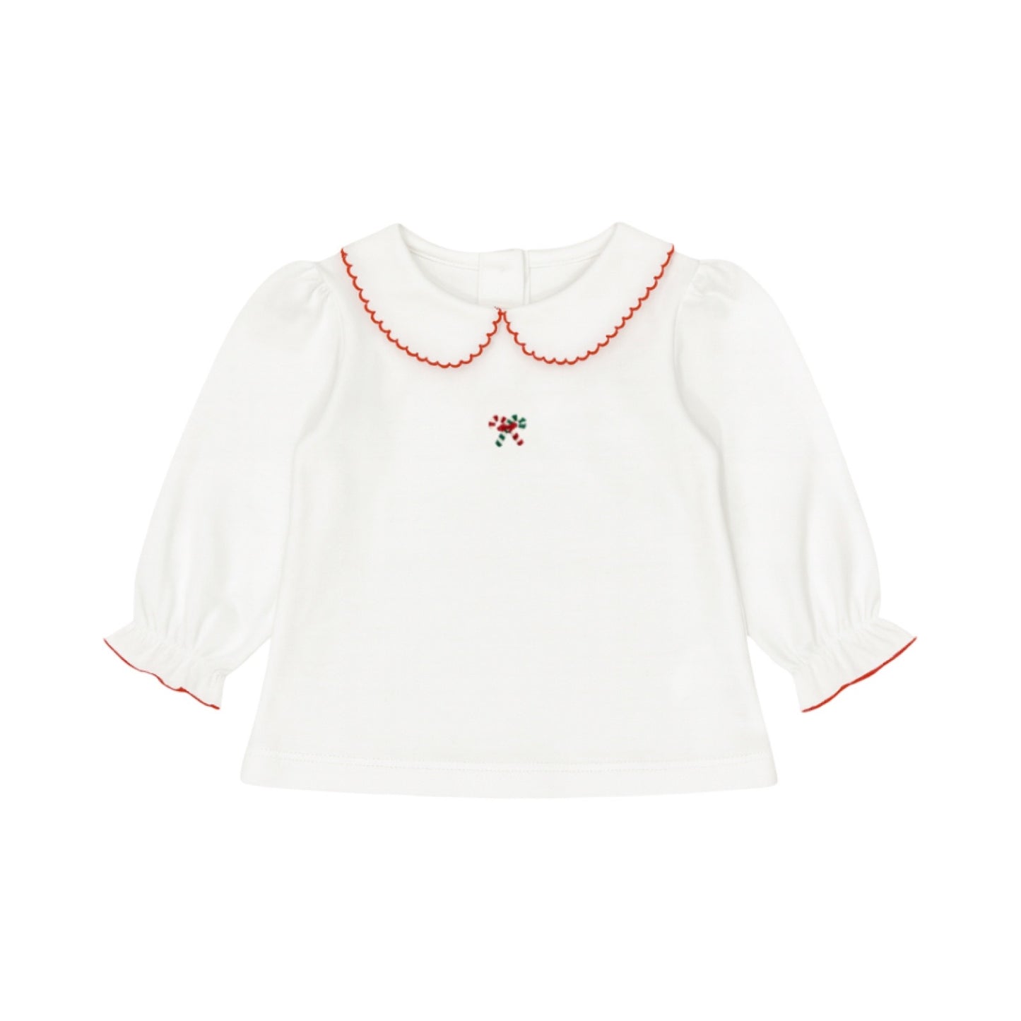 Long Sleeve Embroidered Collared Top, Candy Canes