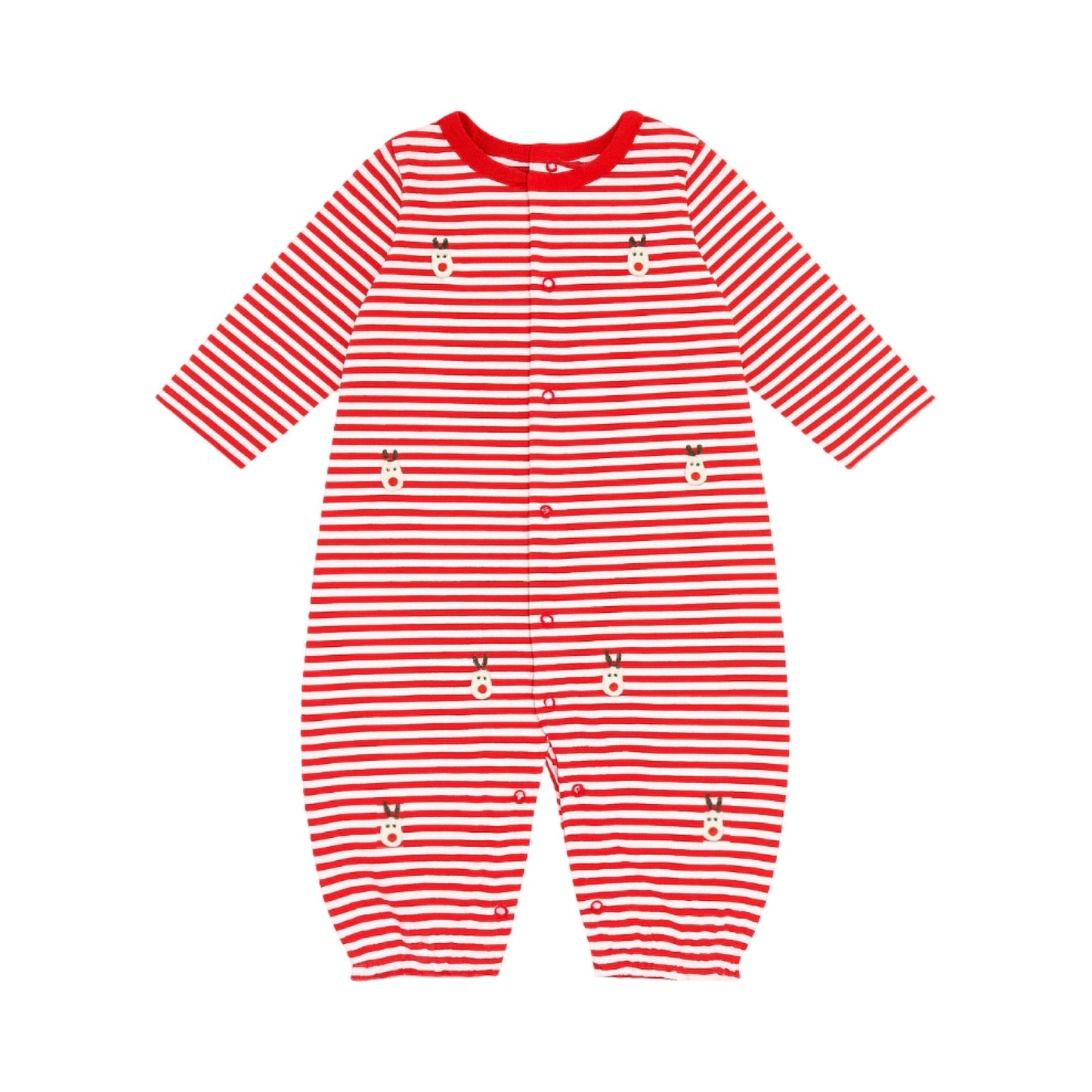 Long Sleeve Embroidered Striped Romper, Rudolph