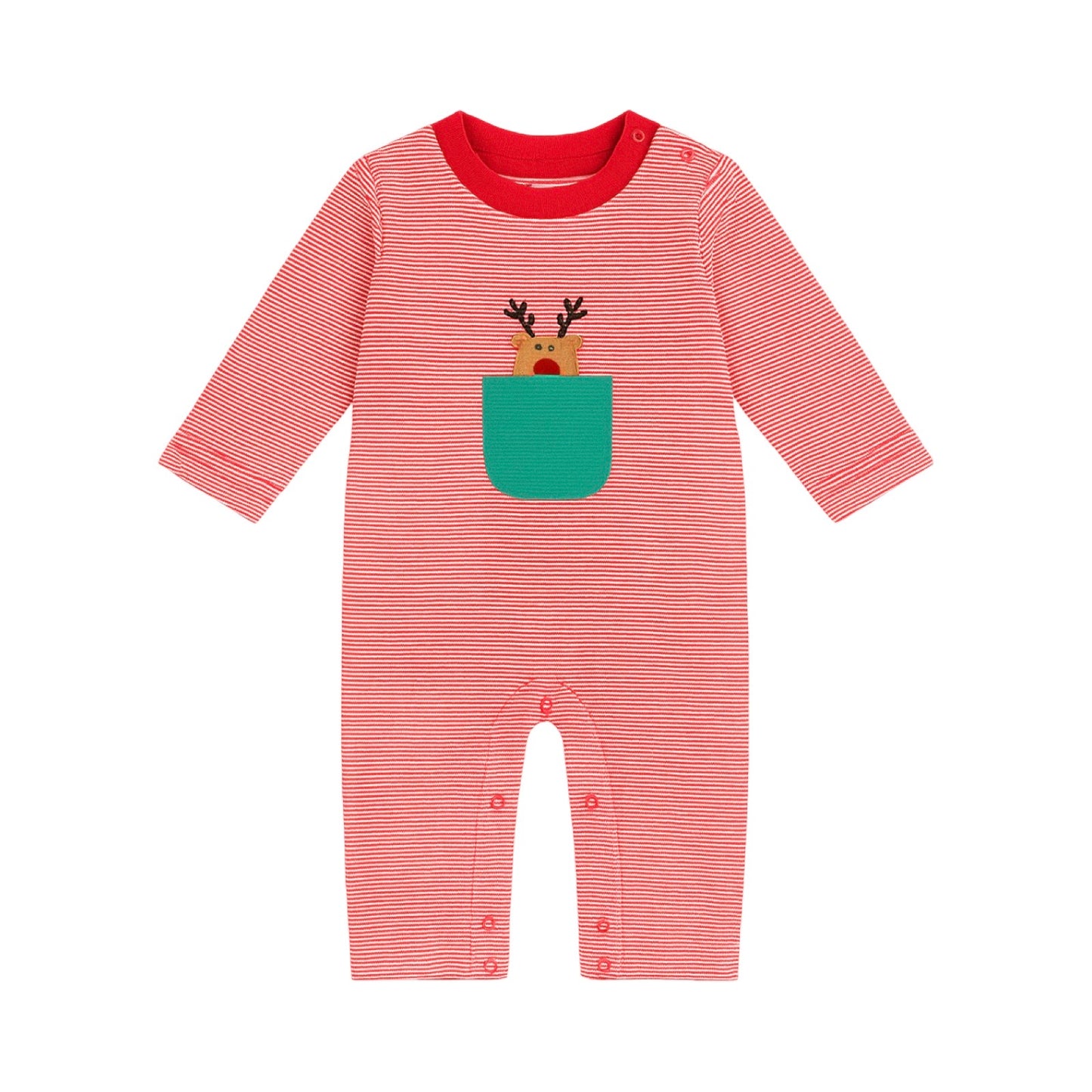 Long Sleeve Striped Pocket Romper, Rudolph