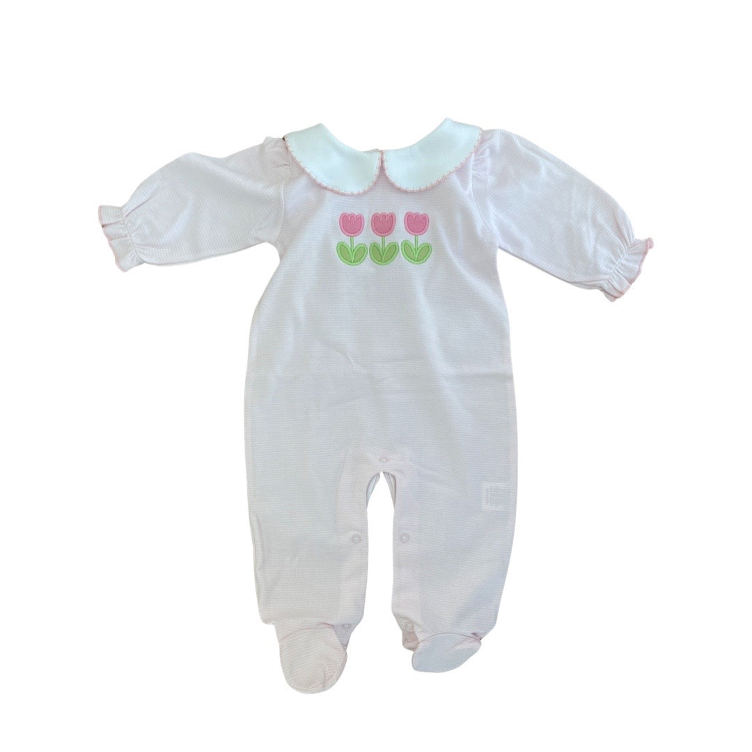Girl's Long Sleeve Collared Footie with 3 Tulips