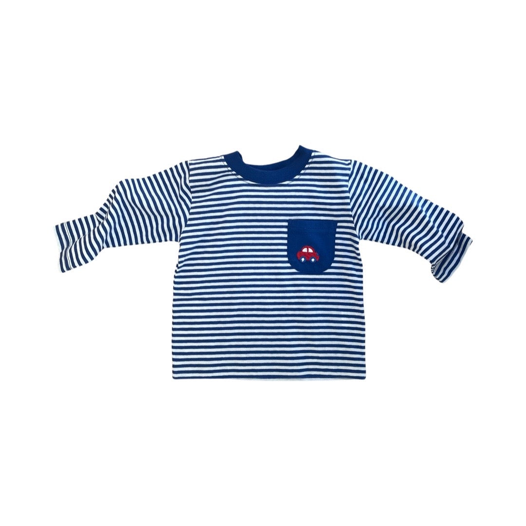 Long Sleeve Royal Blue Striped Shirt with Red Car on Pocket